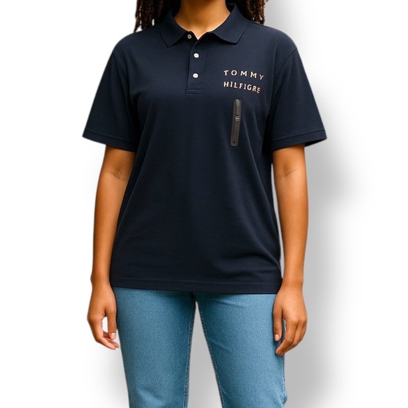 Tommy Hilfiger Polo Shirt Custom Fit Short‎ Sleeve Golf Tennis Prep Navy Blue L - Picture 1 of 10
